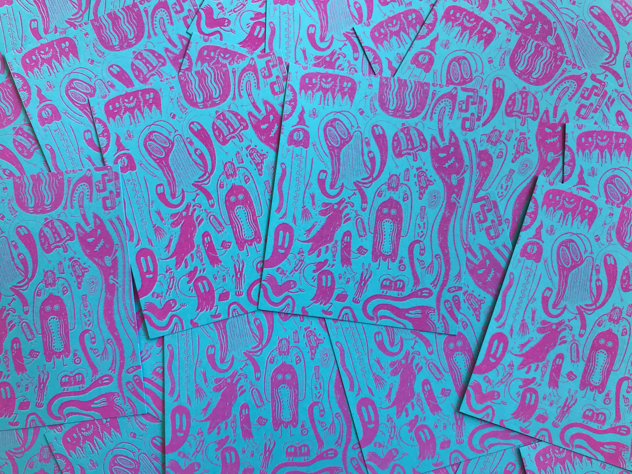 Mostly Ghostly Mini Risograph Print – Neon Blue & Shocking Pink